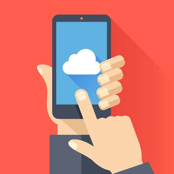 Cloud icon on smartphone screen. Hand holding smartphone, finger touching screen. Cloud storage, computing concepts. Modern flat design vector illustration — Stock Vector
