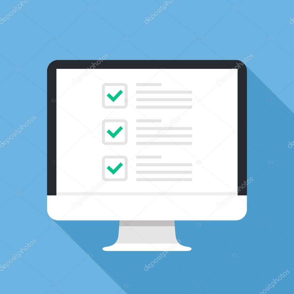 Checkboxes on computer screen. Checkboxes and green checkmarks. Modern concept for web banners, web sites, infographics. Creative flat design vector illustration