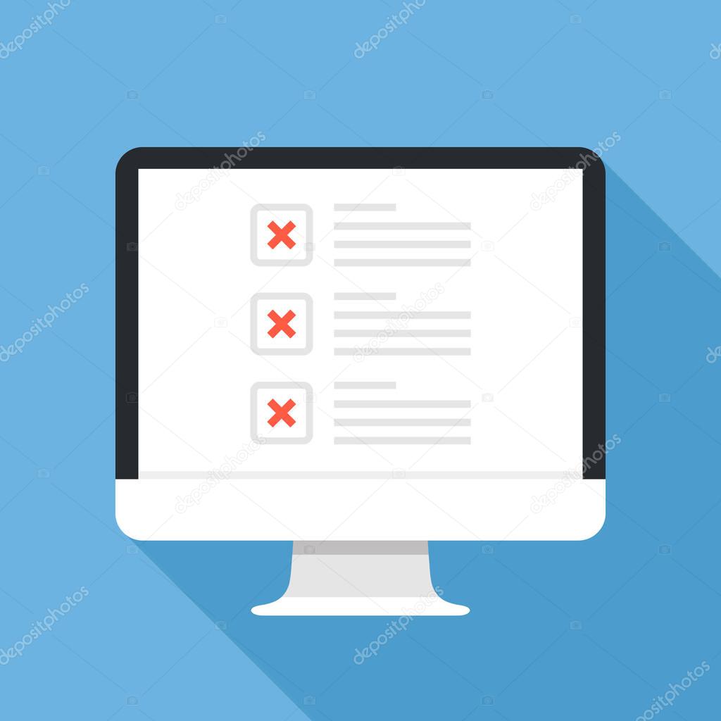 Checkboxes on computer screen. Checkboxes and red x marks. Modern concept for web banners, web sites, infographics. Creative flat design vector illustration