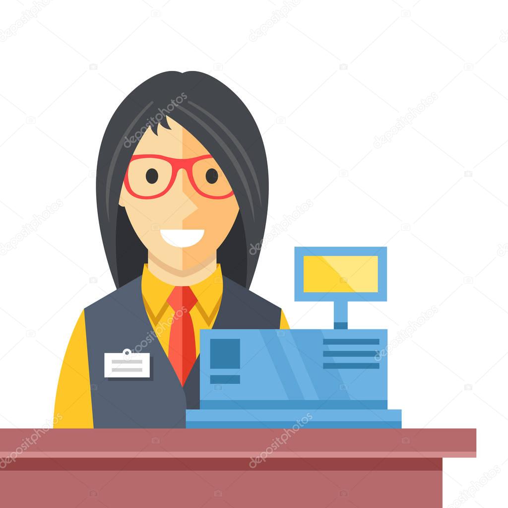 Cashier woman at checkout counter. Counter desk, cash register, till and smiling happy female clerk. Creative checkout concept. Modern flat vector illustration