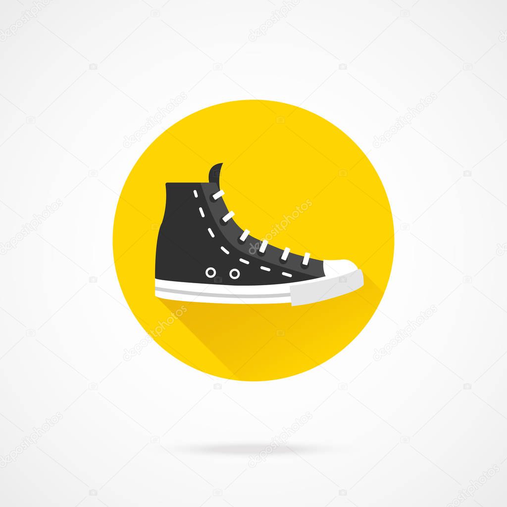 Black sneaker icon. Black high top canvas shoe. Modern flat design round vector icon with long shadow