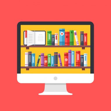 Raflardan kitapları bilgisayar ekranı ile. Okul sırası Pc kitaplar raflarda. Dijital online Kütüphane, e-kitap, ebooks. Modern düz tasarım vektör çizim
