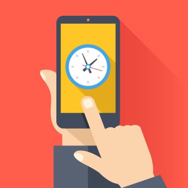Smartphone ekranda saat. Akıllı telefon, ekran dokunaklı parmak tutan el. Modern düz tasarım konsepti uzun gölge ile. Vektör çizim