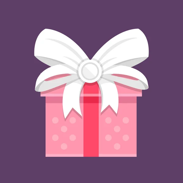 Caja de regalo rosa con lazo blanco. Regalo navideño, caja de regalos, conceptos presentes. Diseño plano moderno vector icono — Archivo Imágenes Vectoriales