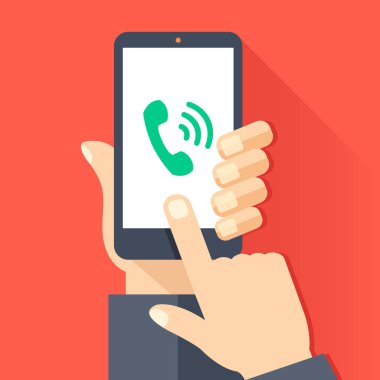 Telefon, gelen arama, cevap, telefon kavramları çalıyor. Yeşil cep telefonu simgesini ve dalgalar, sahip ekran dokunaklı parmak tutan el. Modern düz tasarım grafik öğeleri. Vektör çizim