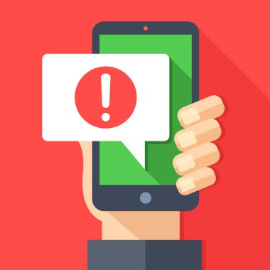 Telefon bildirimleri, yeni mesajlar alındı. Konuşma balonu ve ünlem simgesi olan akıllı telefonu tut. Modern düz tasarım grafik elementleri. Uzun gölge tasarımı. Vektör illüstrasyonu