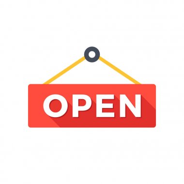 Açık işareti. Trendy uzun gölge düz tasarım konsepti. Sınıf kalitesi. Açık kapı işareti. Modern vektör çizim