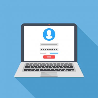 Laptop ekranında giriş formu sayfası ile. Hesap, kullanıcı kimlik doğrulaması, oturum açma kimlik doğrulaması sayfası kavramı için oturum açın. Kullanıcı adı, parola alanlarını, oturum açma düğmesini. Uzun gölge düz tasarım vektör çizim