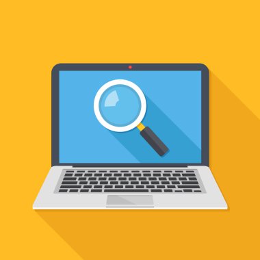 Büyüteç ekranda ile dizüstü bilgisayar. Web arama, Internet arama kavramları. Modern uzun gölge düz tasarım vektör çizim