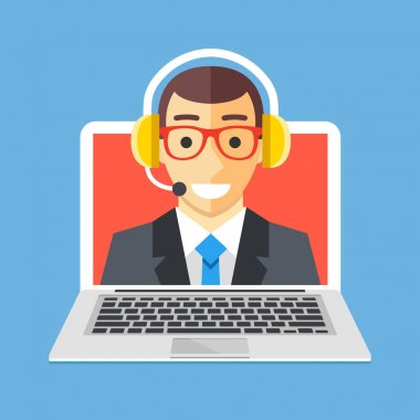 Müşteri Hizmetleri, teknik destek kavramları. Kulaklık dizüstü bilgisayar ekranında olan adam. Modern düz tasarım vektör çizim