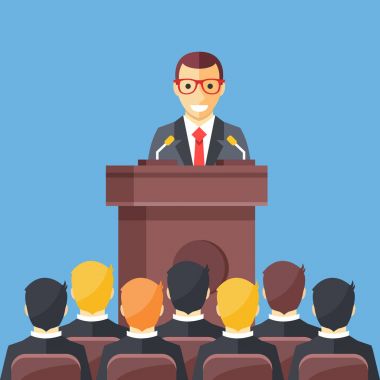 İş Konferansı, iş toplantısı. Kürsü seyirci önünde adam. Kamu hoparlör konferans Salonu'nda bir konuşma vermek. Hatip, tribün kavramları. Modern düz tasarım vektör çizim
