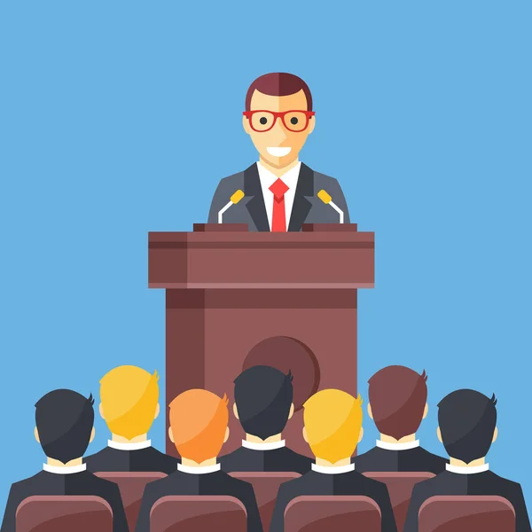 Conferencia de negocios, reunión de negocios. Hombre en la tribuna frente a la audiencia. Ponente público dando una charla en la sala de conferencias. Orador en los conceptos tribuno. Diseño plano moderno vector ilustración — Vector de stock