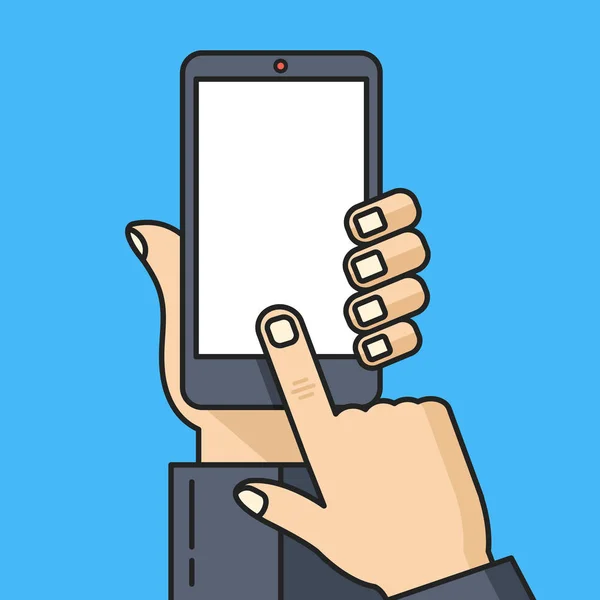 Smartphone met leeg wit scherm. Menselijke hand met smartphone, vinger scherm aan te raken. Cellphone met witte display, zwarte moderne concept van de sjabloon van de slimme telefoon. Dunne lijn ontwerp vectorillustratie — Stockvector