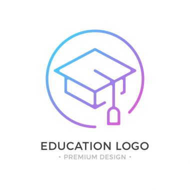 Eğitim logosunu görmeniz gerekir. Kolej, kare akademik kap, mezuniyet şapka simgesi. Premium tasarım. Modaya uygun doğrusal tarzı. Soyut kavram. Basit yuvarlak satırı simgesi. Modern vektör logosu