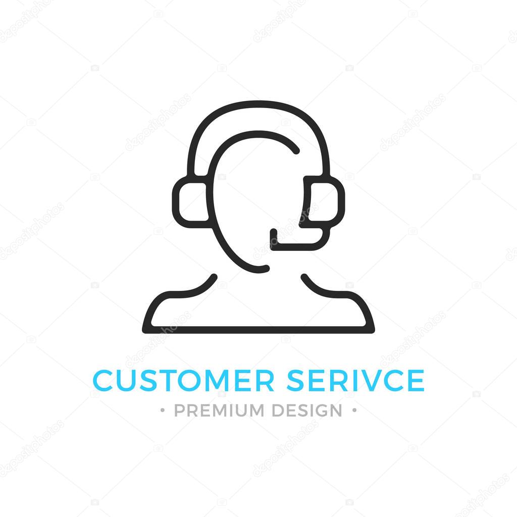 Customer service icon. Human silhouette with headset, man with headphones and microphone. Technical support, call center, customer support logo. Vector thin line icon isolated on white background