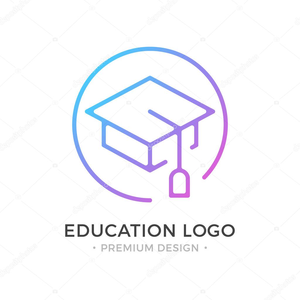 Education logo. Mortarboard, square academic cap, graduation hat icon. Premium design. Trendy linear style. Abstract concept. Simple round line icon isolated on white background. Modern vector logo