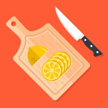 Limon dilimleri mutfak kesme tahtası ve mutfak bıçak. Gıda katkı maddeleri, yemek, gıda hazırlama kavramı. Ahşap doğrama tahtaları, mutfak araçları, yarım limon. Düz tasarım modern vektör çizim