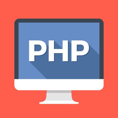 Php sözcük ekranda bir bilgisayar. Sunucu tarafı komut dosyası dili. Web geliştirme, arka uç programlama, kodlama, kavramları öğrenme. Basit düz simgesi. Modern uzun gölge düz tasarım vektör çizim