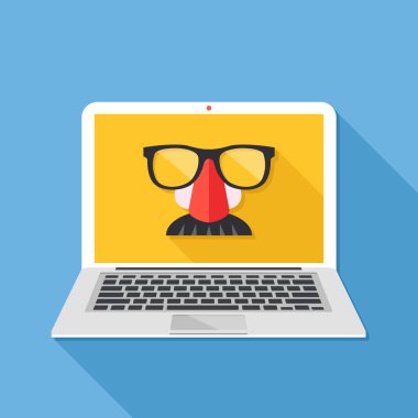 Internet gizlilik, online komplo, özel tarama, gizli modu, anonim web kavramlar tarama. Dizüstü bilgisayar ekranında kılık maske. Uzun gölge tasarım. Yaratıcı düz tasarım vektör çizim