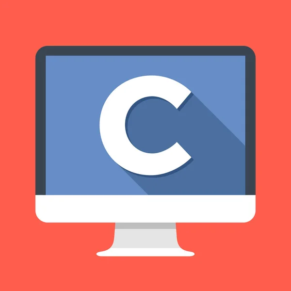 コンピューター画面上の C の文字で。C プログラミング言語。プログラミング、コーディング、概念を学習します。シンプルなフラット アイコン。現代の長い影フラット デザイン ベクトル図 — ストックベクタ