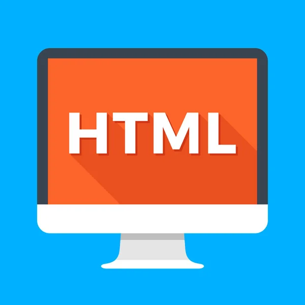 Dator med HTML-ord på skärmen. Hypertext markup language koncept. Web utveckling, skapa webbsida, kodning, lära sig begrepp. Enkel platta ikon. Moderna lång skugga platt design vektorillustration — Stock vektor
