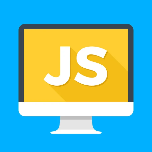 Dator med Js ord på skärmen. JavaScript skriptspråk. Web utveckling, skapa js skript, kodning, lära sig begrepp. Enkel platta ikon. Moderna lång skugga platt design vektorillustration — Stock vektor