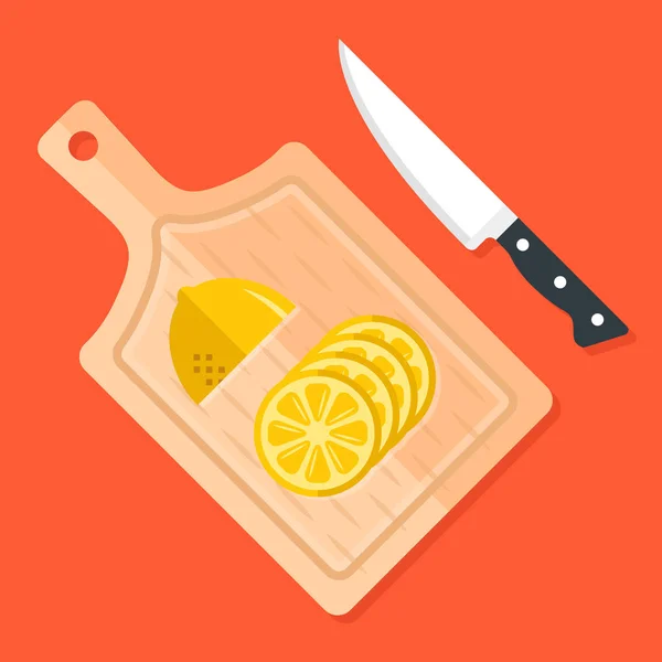 Rodajas de limón en la tabla de cortar cocina y cuchillo de cocina. Ingredientes alimentarios, cocina, concepto de preparación de alimentos. Tabla de cortar madera, utensilios de cocina, medio limón. Diseño plano vector moderno ilustración — Vector de stock