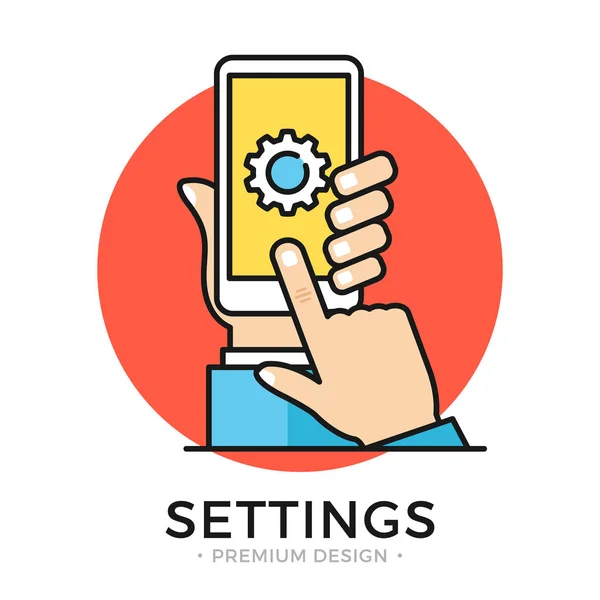 Ustawienia na ekranie smartfonu. Ręka trzyma telefon, użytkownika, dotykając ikony koła zębatego. Menu Ustawienia aplikacji mobilnej, aktualizacja oprogramowania, pobieranie, instalowanie nowych koncepcji Os. Ilustracja wektorowa projekt płaski linii — Wektor stockowy