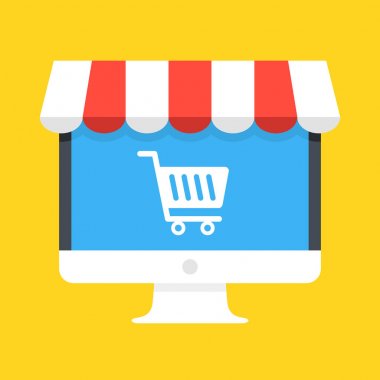 Alışveriş sepeti simgesine ekran ve mağazası tente beyaz bilgisayar. Online alışveriş, e-ticaret, e-ticaret, internet pazarı kavramları. Modern düz tasarım. Vektör çizim