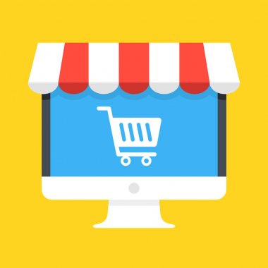 Computer with white shopping cart icon on screen and storefront awning. Ecommerce, online shopping, e-commerce, internet marketplace concepts. Modern flat design. Vector illustration clipart
