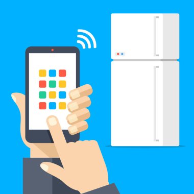 Buzdolabı smartphone ile wifi üzerinden kontrollü. Beyaz buzdolabı ve cep telefonu ile uzaktan kumanda uygulama Internet şeyler kavramının. Vektör çizim