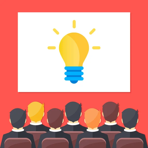 Vergadering mensen in auditorium en grote witte scherm met gloeilamp. Creatieve opleiding, creativiteit, brainstormen, creatief idee, webinar bedrijfsconcepten. Platte ontwerp vectorillustratie — Stockvector