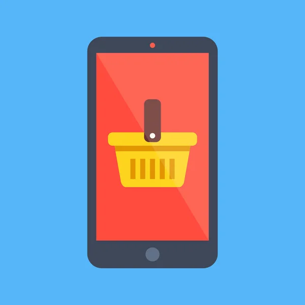 Smartphone en shopping mand pictogram. Zwarte cellphone met gele mand op scherm. Mobiel winkelen, e-commerce, m-commerce, e-commerce concepten. Platte ontwerp vector pictogram — Stockvector