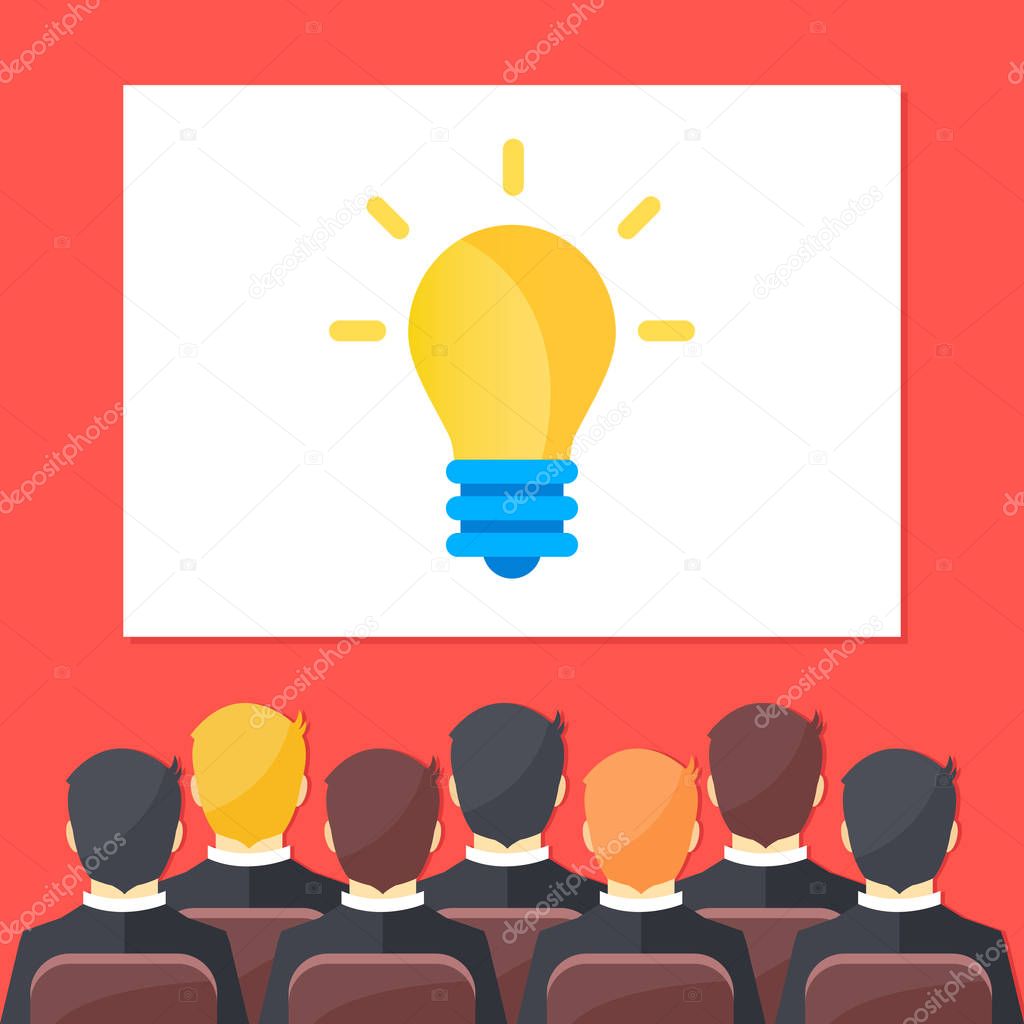 Sitting people in auditorium and big white screen with light bulb. Creative training, creativity, brainstorming, creative idea, business webinar concepts. Flat design vector illustration