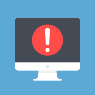 Bilgisayar ekranı üzerindeki ünlem işareti ile. Uyarı iletisi, uyarı iletisi kavramları. Modern düz tasarım vektör simgesi