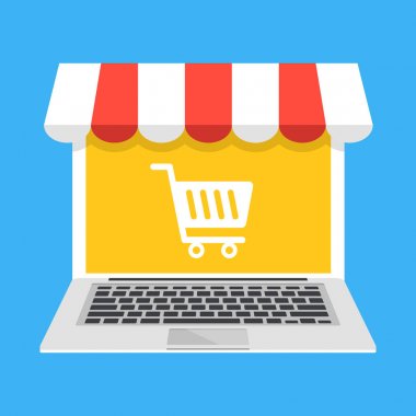 Laptop ekran ve mağazası tente sepeti simgesine alışveriş beyaz ile. E-ticaret, e-ticaret, online alışveriş, online kavramlar saklayın. Modern düz tasarım vektör çizim