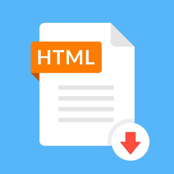 Hämta HTML-ikonen. Fil med HTML-etikett och ned pil tecken. Webbsida, webbplats, webbsida. Ladda ner dokumentet koncept. Platt design vektor symbol — Stock vektor