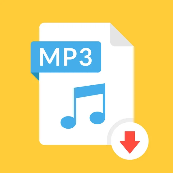 Baixar ícone MP3. Arquivo com etiqueta MP3 e sinal de seta para baixo. Formato de arquivo de áudio. A descarregar conceito de áudio. Ícone vetorial de design plano —  Vetores de Stock