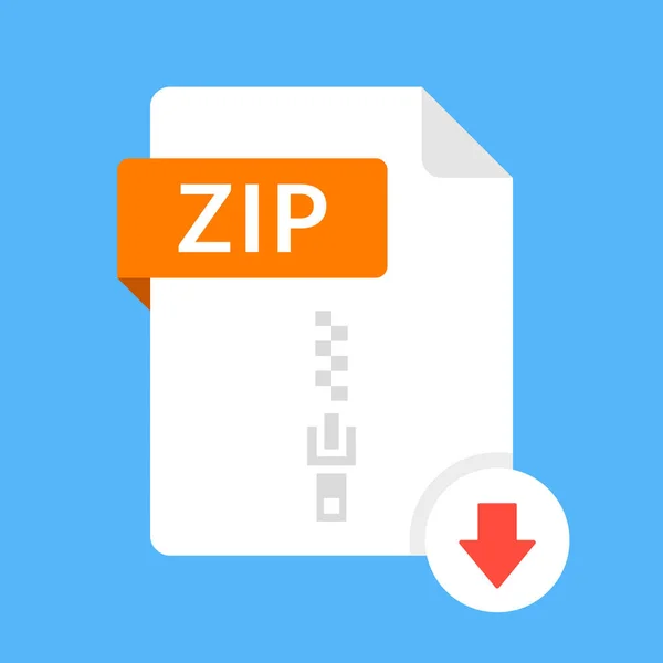 Ladda ner ZIP-ikonen. Fil med ZIP-etikett och nedåtpil tecken. Arkiv filformat. Nedladdningskoncept. Platt design vektor ikon — Stock vektor