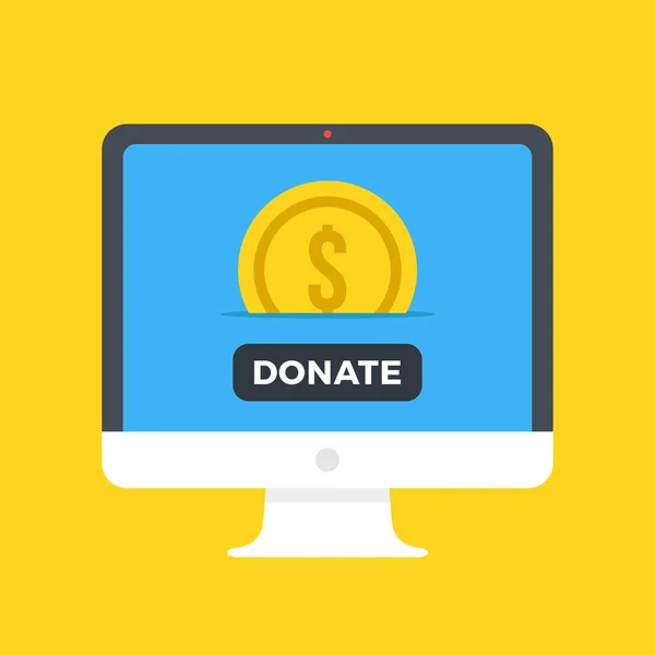 Computer with gold coin and donate button on screen. Make donation. Charity, fund raising, fundraising, donation concepts. Front view. Modern flat design vector illustration — Stock Vector
