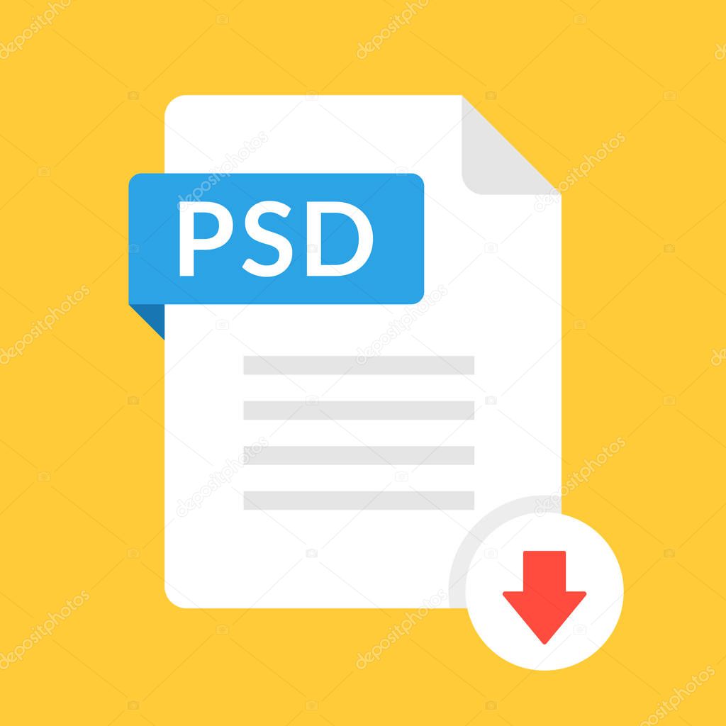 Download PSD icon. File with PSD label and down arrow sign. Downloading file concept. Flat design vector icon