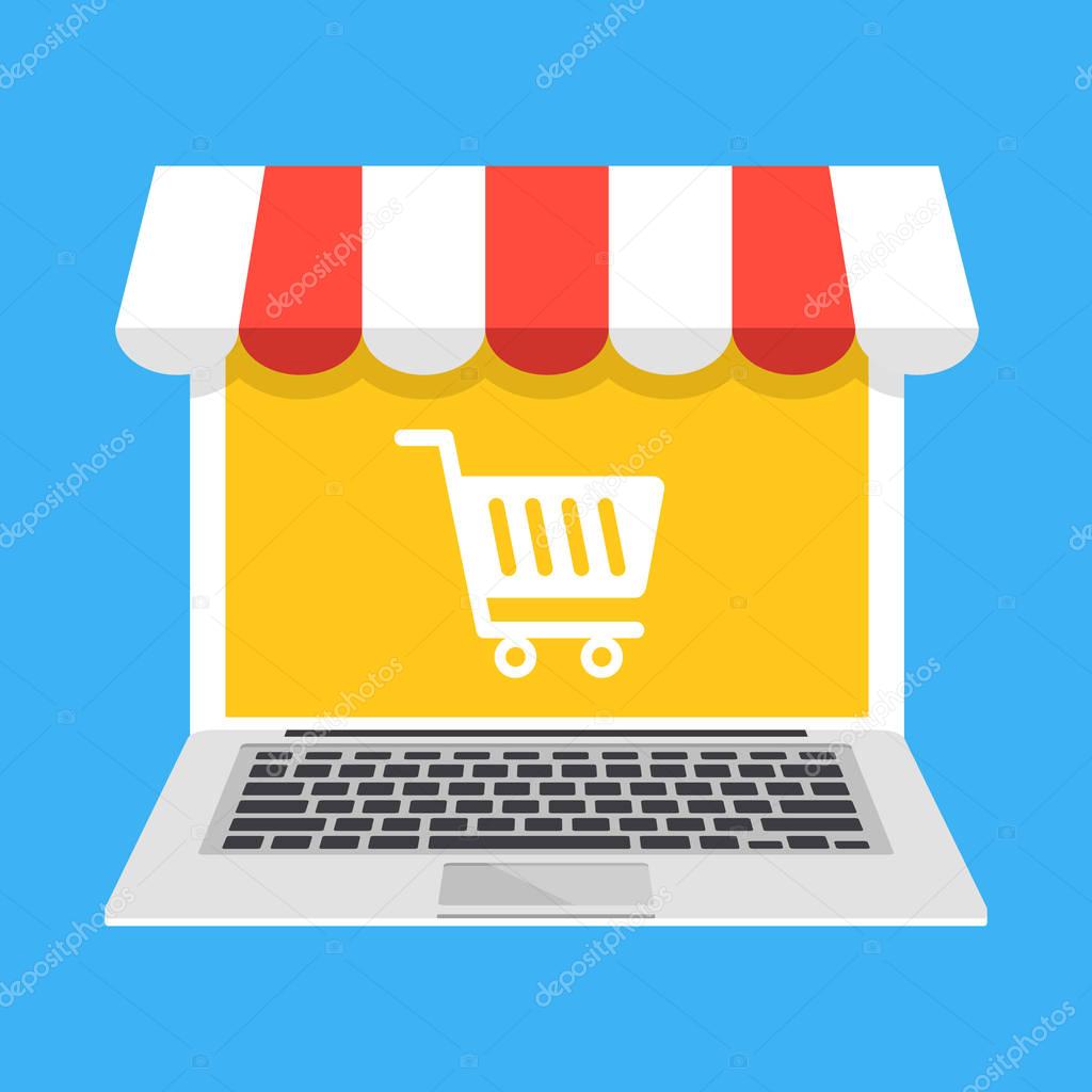 Laptop with white shopping cart icon on screen and storefront awning. E-commerce, ecommerce, online shopping, online store concepts. Modern flat design vector illustration