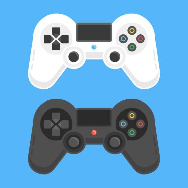 Gamepads ayarlayın. Beyaz ve siyah oyun denetleyicileri. Video oyunları kavramı oynamak. Modern düz tasarım vektör çizim