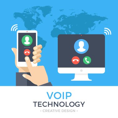 VoIP teknolojisi, voice over IP, IP telefon genel kavram. Smartphone ile giden çağrı, bilgisayar ekranda gelen arama ile tutan el. Internet arama afiş. Modern düz tasarım vektör çizim