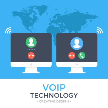 VoIP teknolojisi, voice over IP, IP telefon genel kavram. İki Pc. giden çağrı ile bilgisayar ve bilgisayar ile gelen ekranda ara. Internet arama web afiş. Modern düz tasarım vektör çizim