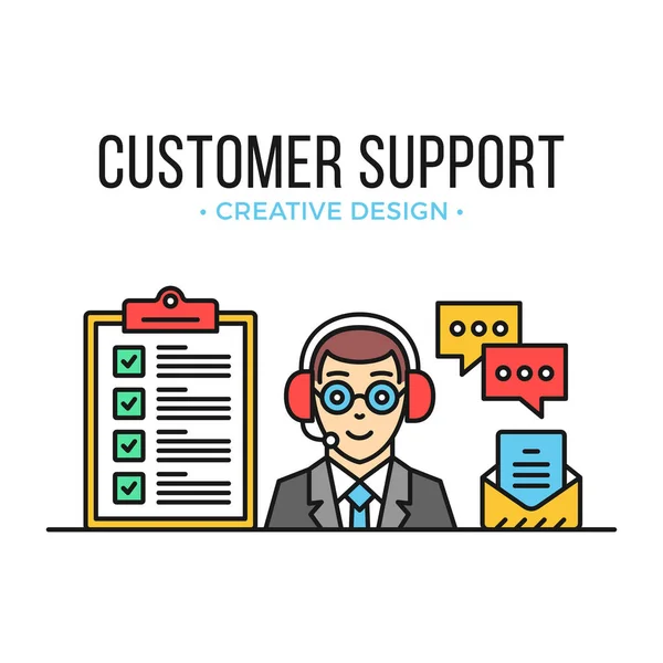 Customer support. Man with headset, clipboard, check marks, email, chat. Flat design line banner. Web banner. Modern graphic elements, thin line icons. Vector illustration — Stock Vector