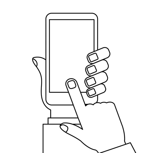 Main tenant smartphone, doigt écran tactile avec écran blanc vierge. Modèle linéaire de téléphone portable contour. Modèle de ligne mince noire concept. Illustration vectorielle — Image vectorielle