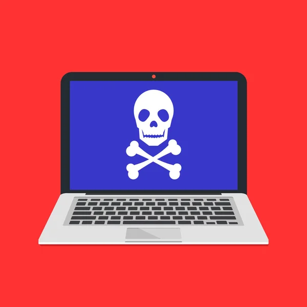 BSOD, blue screen of death, error screen. Laptop with skull and crossbones icon. Virus attack, ransomware, hacking, malicious software, fraud concepts. Creative modern flat design vector illustration — Stock Vector