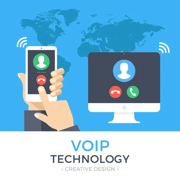 Tecnologia VoIP, voz sobre IP, conceito de telefonia IP. Mão segurando smartphone com chamada de saída, computador com chamada recebida na tela. Internet chamando banner. Ilustração moderna do vetor do projeto plano — Vetor de Stock