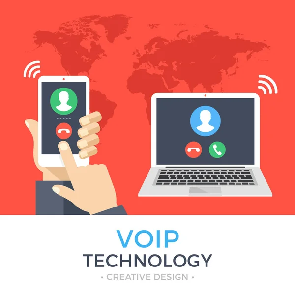 VoIP-teknik, VoIP, IP-telefoni koncept. Hand som håller smartphone med utgående samtal, laptop med inkommande samtal på skärmen. Internet anropande banner. Moderna plattgränssnitt vektorillustration — Stock vektor